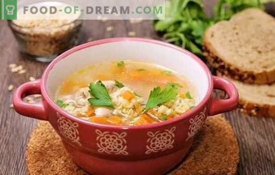 Bouillon de poulet perlé orge - un goût riche d’aliments nutritifs. Recettes de soupe, soupe et cornichon dans un bouillon de poulet à l'orge