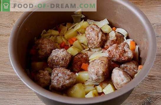 Ragoût de légumes aux boulettes de viande dans une mijoteuse: un plat copieux et beau. Photo-recette pas à pas de l'auteur pour la cuisson dans un ragoût de légumes à plusieurs variables