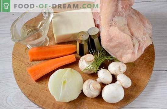 Soupe aux champignons avec poulet et fromage fondu: une entrée saine et belle. Photo-recette de soupe au poulet et au fromage fondu: étape par étape