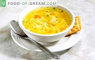 Bouillon de poulet et nouilles - soupe légère. Les meilleures recettes pour le bouillon de poulet et nouilles: abats, oeuf, fromage, tomates