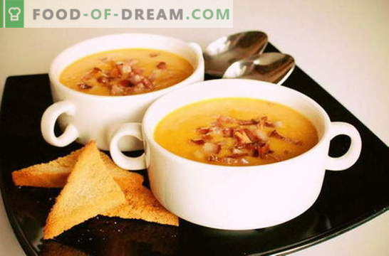 Soupe de purée de pois - familière depuis l’enfance. Recettes simples et originales de purée de soupe aux pois: avec bacon, poitrine, parmesan